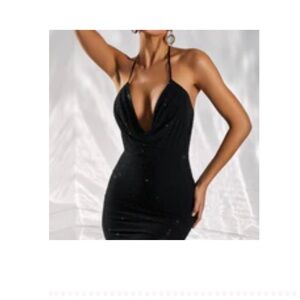 black cowl neck halter dress
